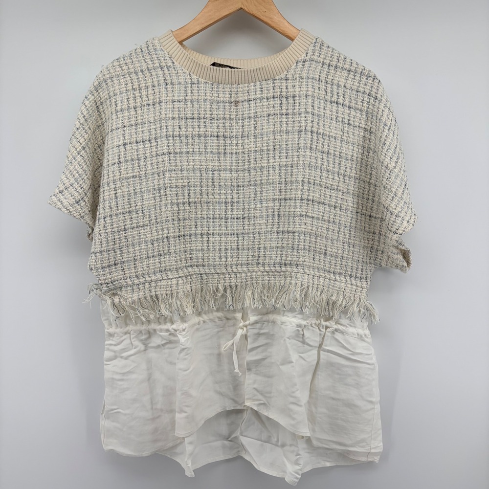 Zara Woman Tweed Fringed Mixed Media Top Drawstring Waist Cream Blue Small